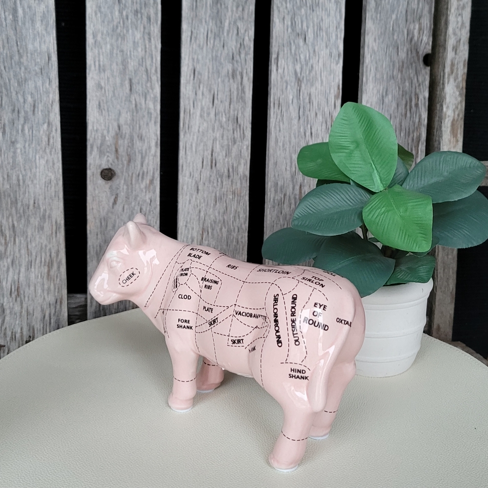 Beef Butcher Whimsical Pink Ceramic Cow Sculpture Outlined Cuts Chart - Picture 2 of 7